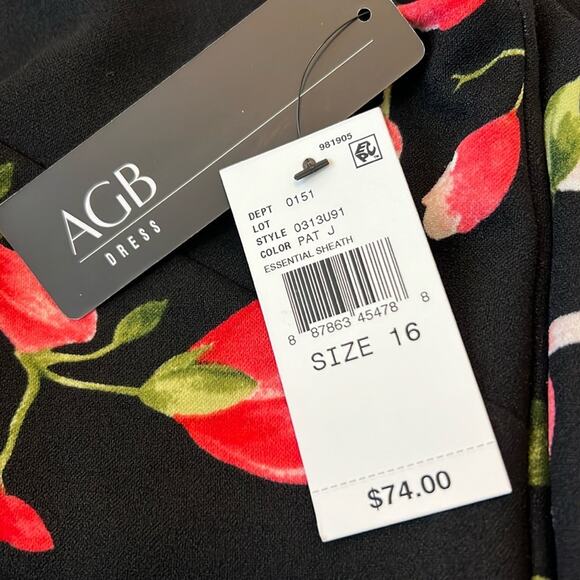 NWT $74 AGB Plus Size 16 Essential Sheath Black Red Floral Dress Career Midi - Picture 3 of 16